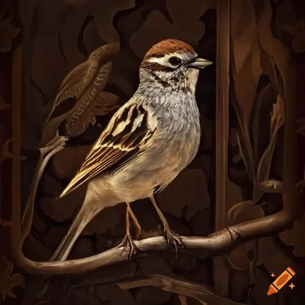 Art nouveau Chipping Sparrow on a tree branch with antique wallpaper background