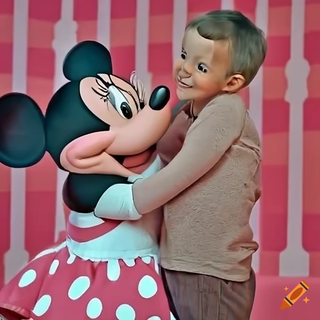 Minnie Mouse hugging a young man in a colorful room