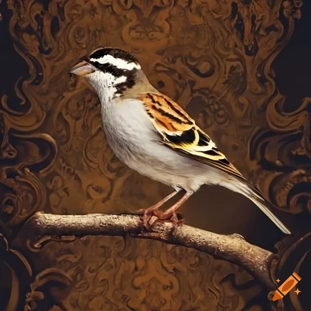 Chipping Sparrow perched on a tree branch with antique wallpaper background