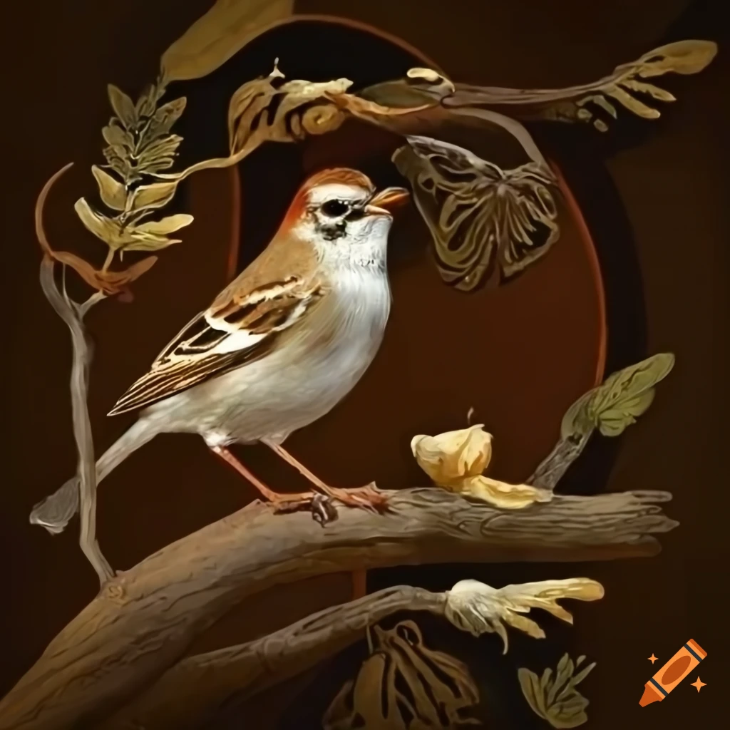 Art nouveau Chipping Sparrow on a tree branch with antique wallpaper background