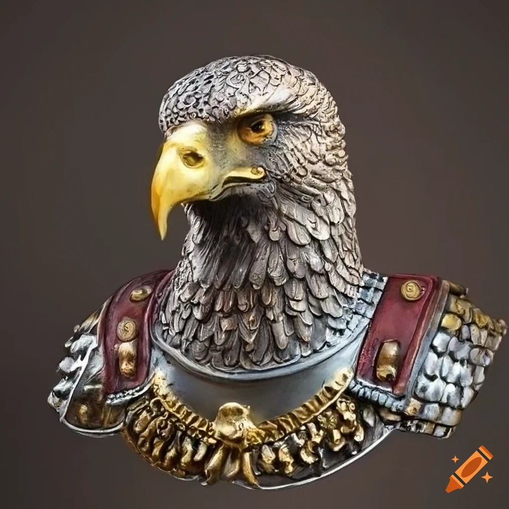 Ornate eagle bust in ancient Roman armor with a metallic finish
