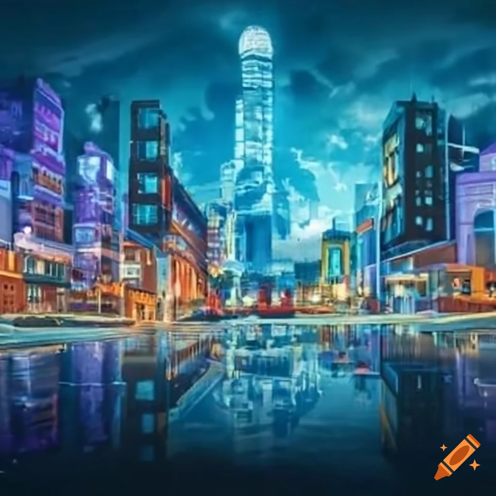 Cityscape with hospital, schools, marketplace, stores, and shops