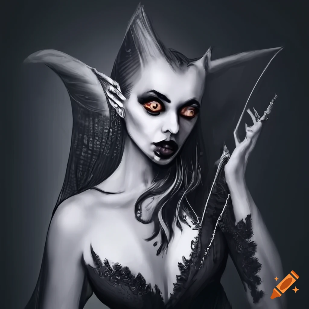 Captivating vampire maiden with elongated canines in black and white art