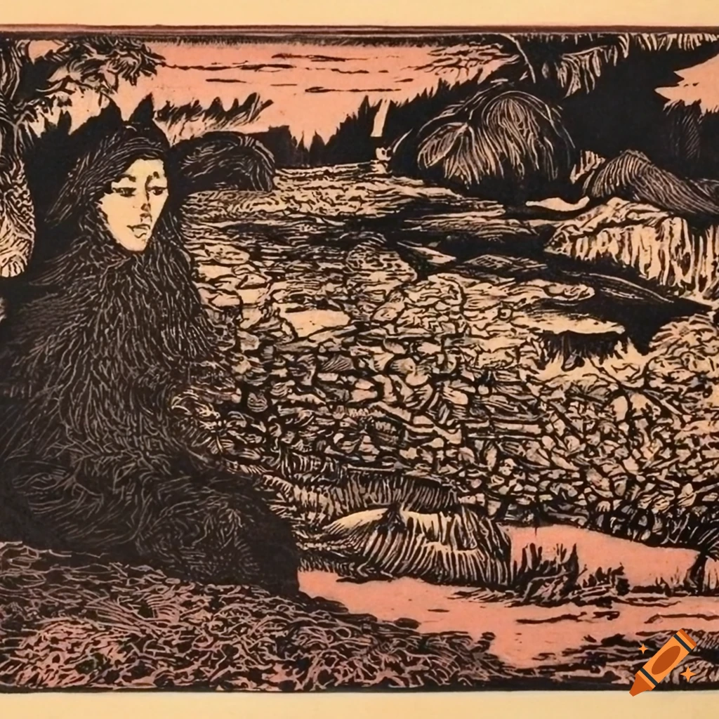 The Demons of Eden jungle scene with animal-human hybrids and fantasy creatures in woodcut style