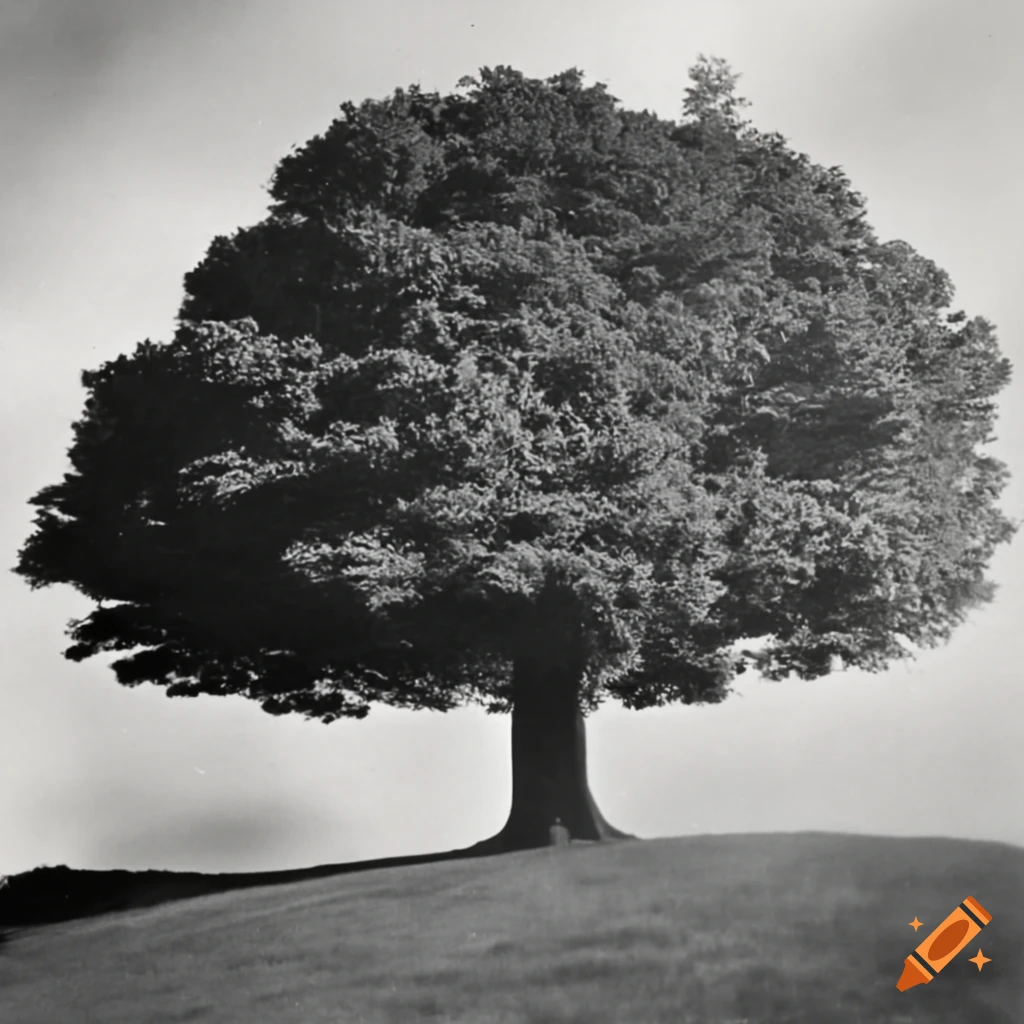 Large tree on a hill in a vintage black and white scene on Craiyon