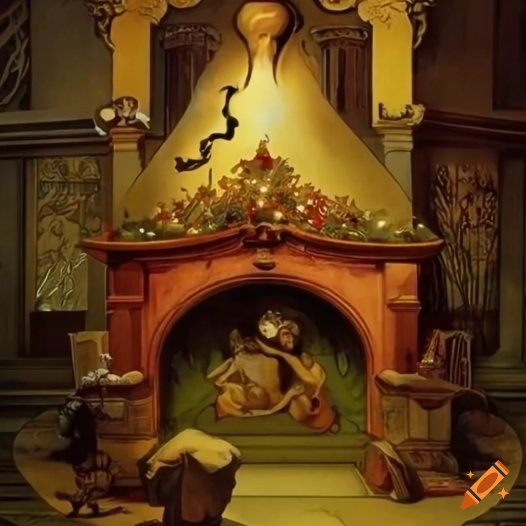 Glowing lights inspired by Boris Vallejo, Alphonse Mucha, Escher, and Vermeer, with Christmas lights and fireplace