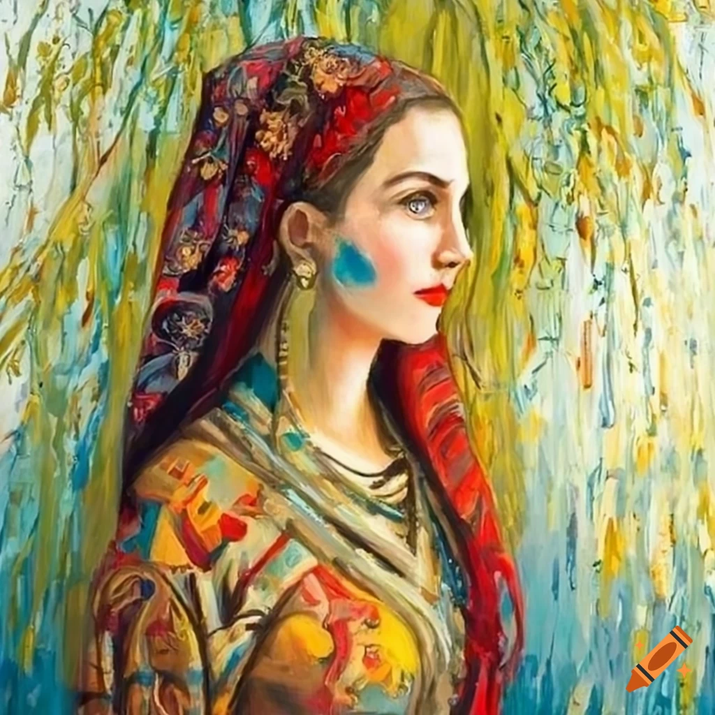Orthodox Jewish woman under a weeping willow tree in traditional attire