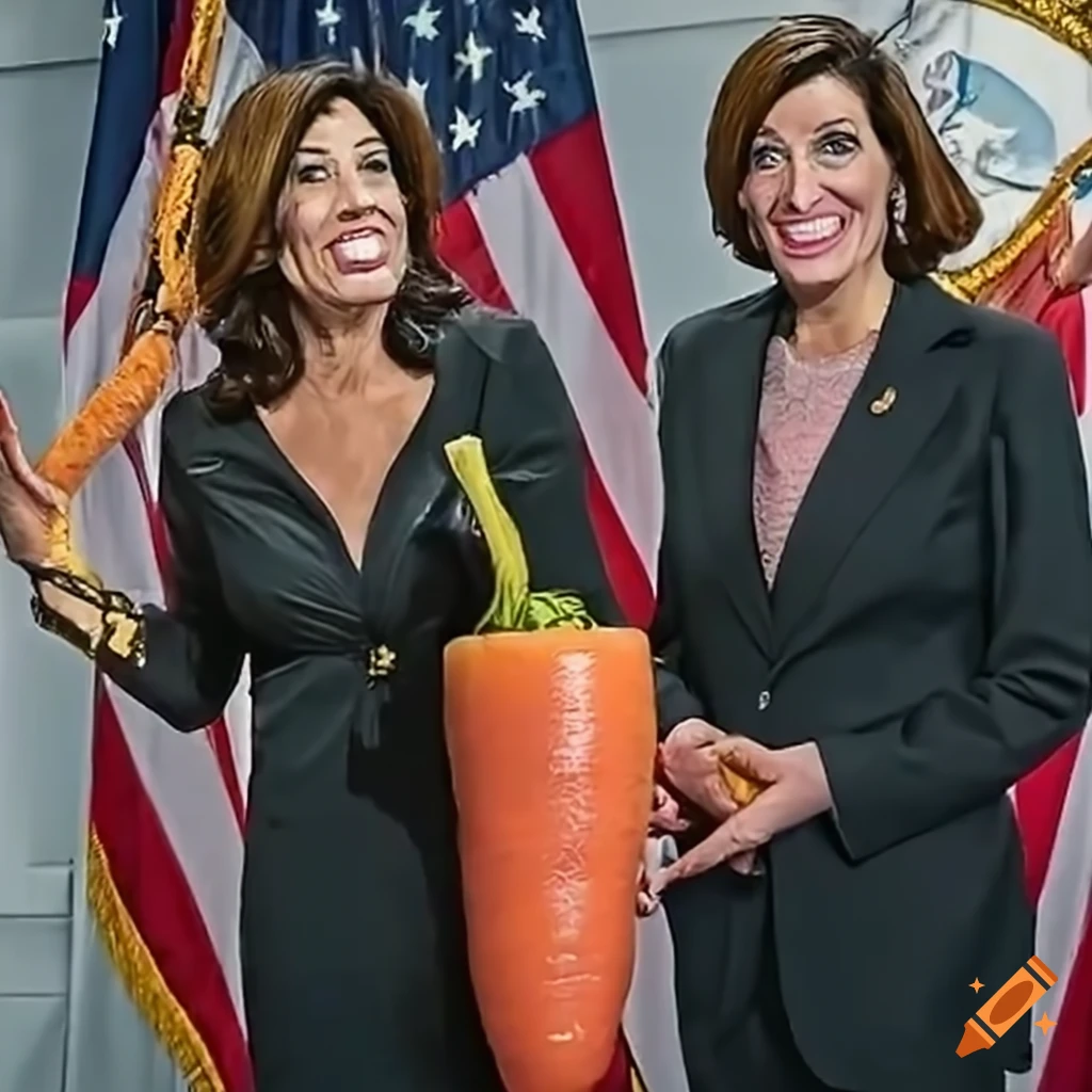 Governor Hochul in a bunny suit eating a carrot