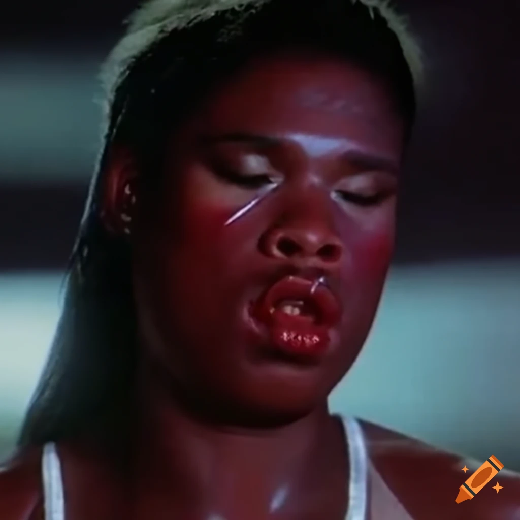 80's movie scene with an expressive closeup of a disheveled female fighter