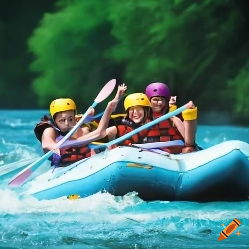 Group of girls white water rafting