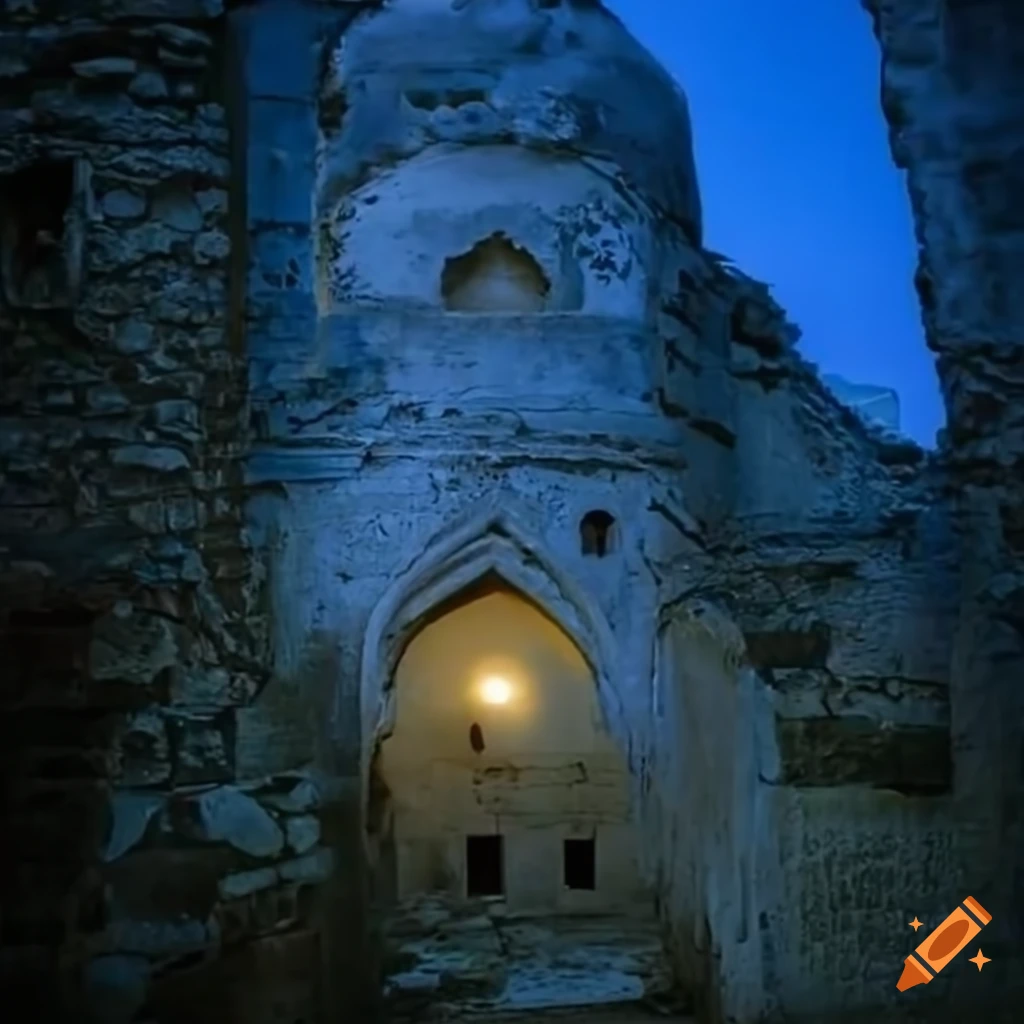 Old stone ruin building resembling a glowing Arabic lantern