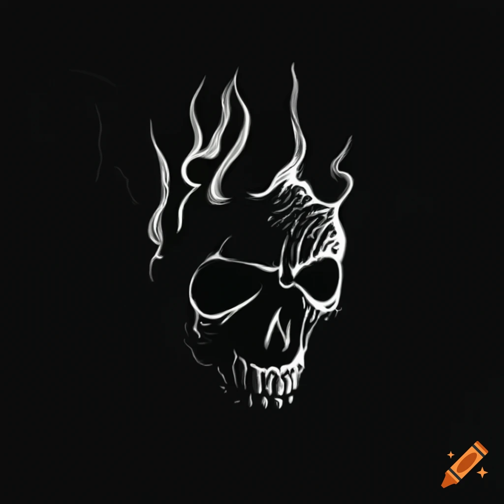 Skull engulfed in flames in a line art design