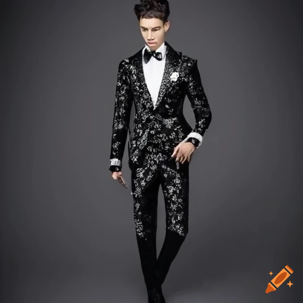 Men's black suit with crystal flower pattern