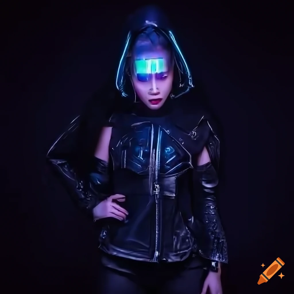 Detailed black and white drawing of Asian woman in futuristic cyber outfit
