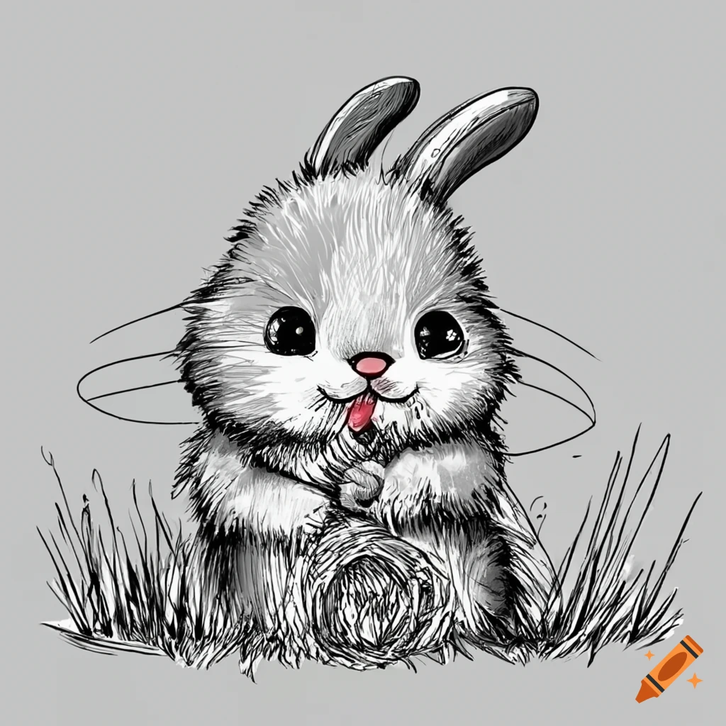 Cute fluffy bunny eating hay in a drawing