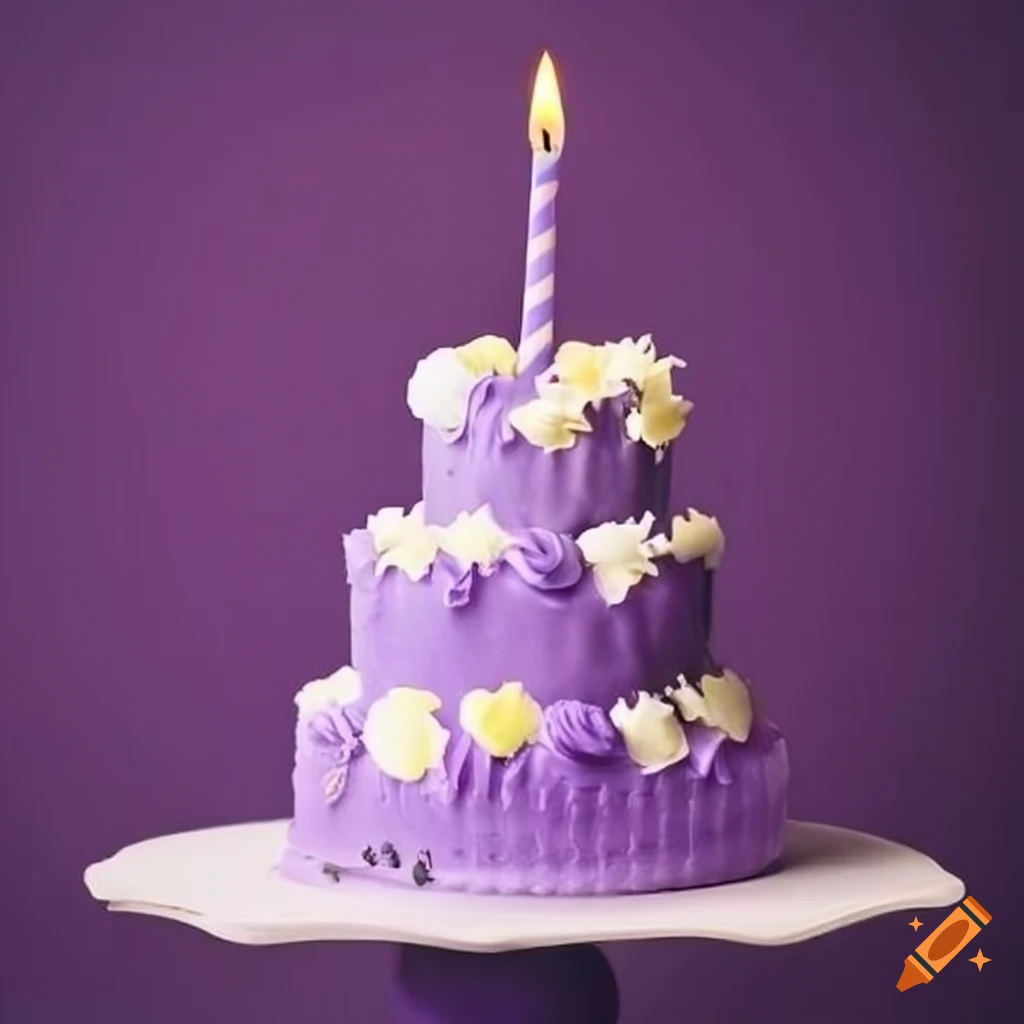 Three-tiered purple birthday cake with flowers and candles
