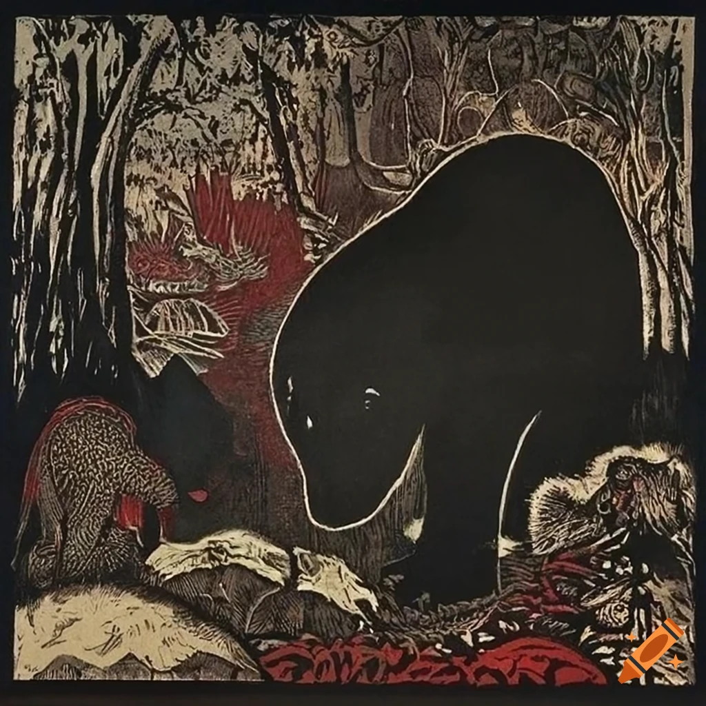 The Demons of Eden jungle scene with animal-human hybrids and fantasy creatures in woodcut style