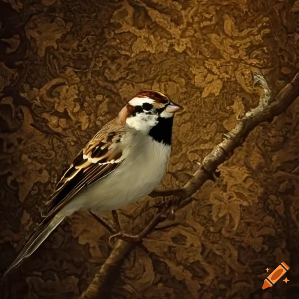 Chipping Sparrow on tree branch with antique wallpaper background