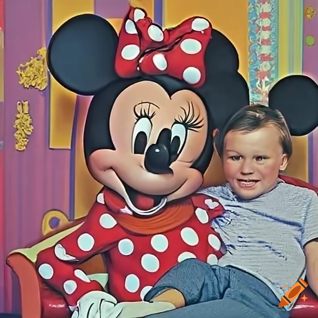 Minnie Mouse hugging a young man in a colorful room