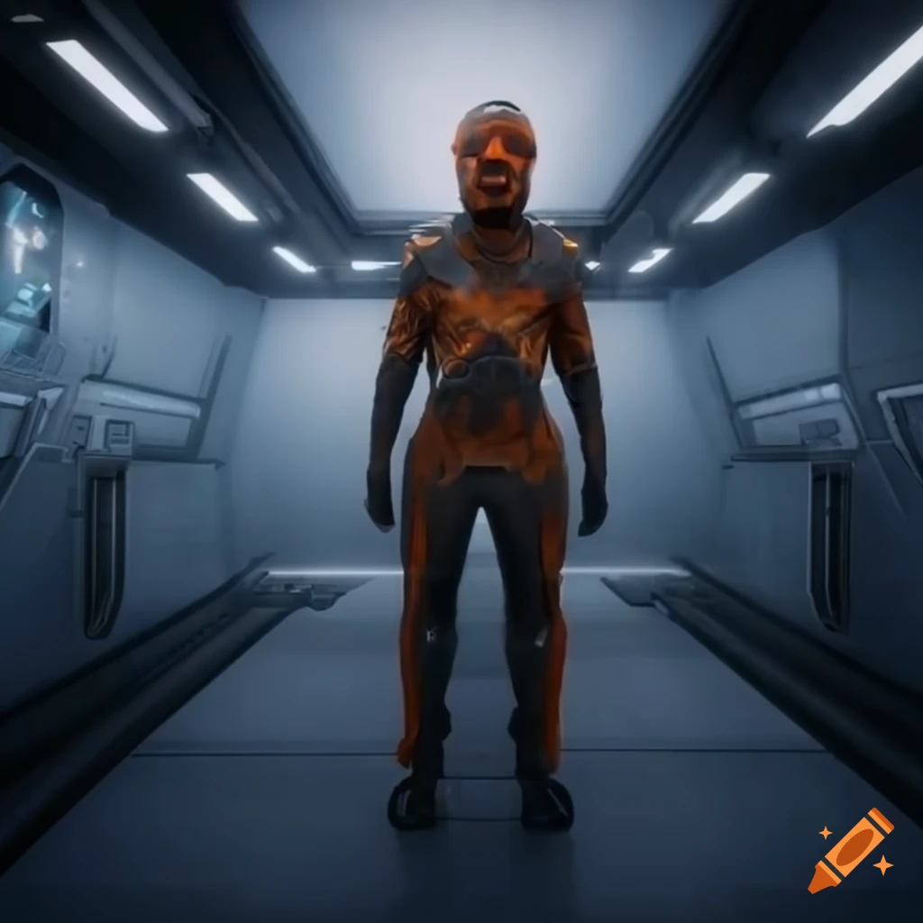 Sci-fi man in orange jumpsuit in high-tech corridor with computer, red laser, and steam