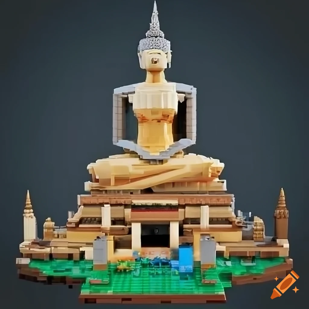 Diorama of Wat Mahathat in Sukhothai Historical Park made of Lego bricks with tilt-shift perspective