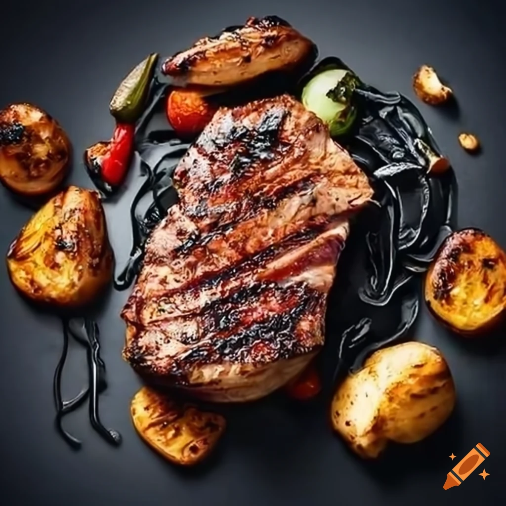 Charred meat with roasted vegetables and squid ink sauce