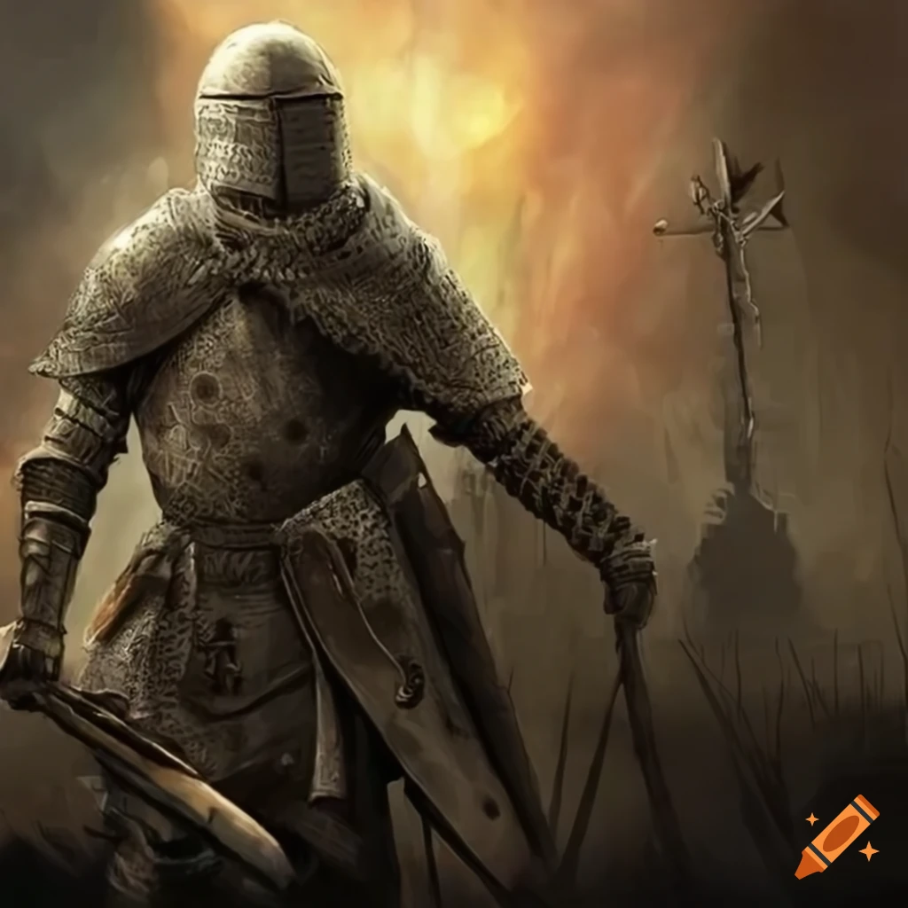 Weathered knight contemplating a distant battlefield