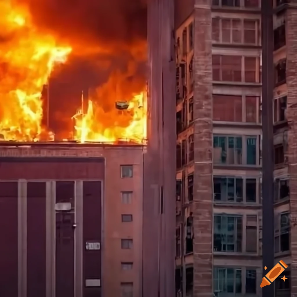 Firefighters battling city flames as seen from above with tall buildings in the background