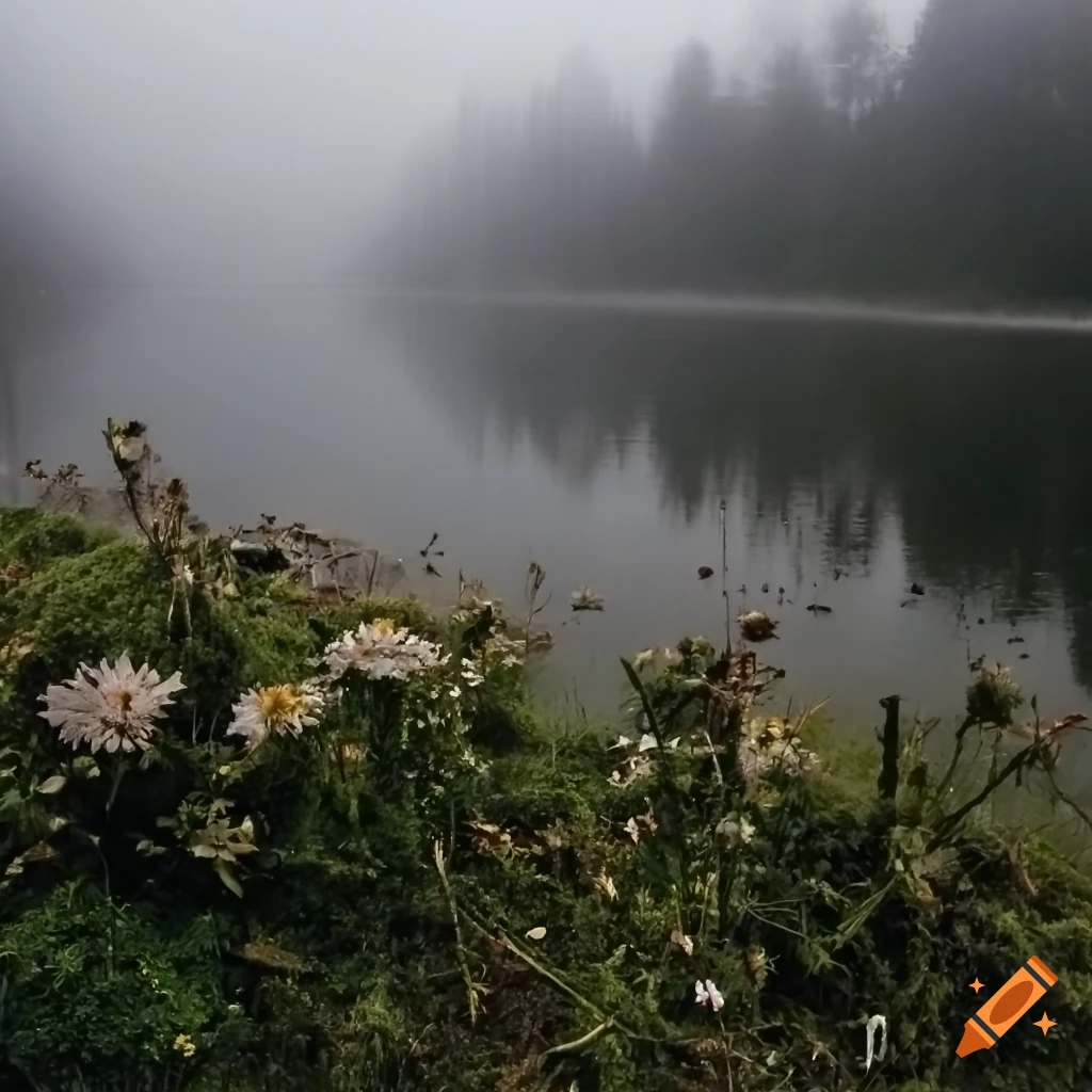Dark and mossy lake with withered flowers in fog, captured in analog photography