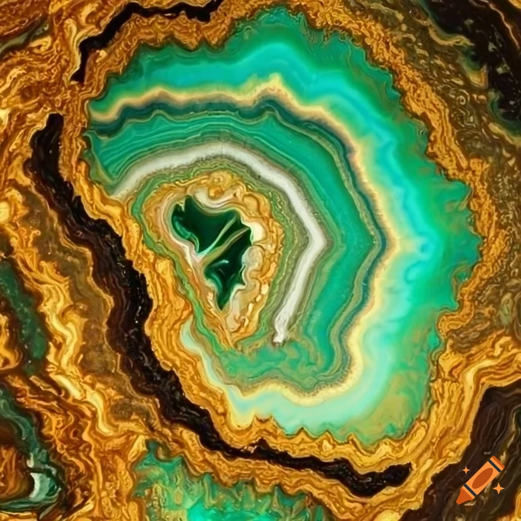 Marbled geode showing gold, green, and khaki veins