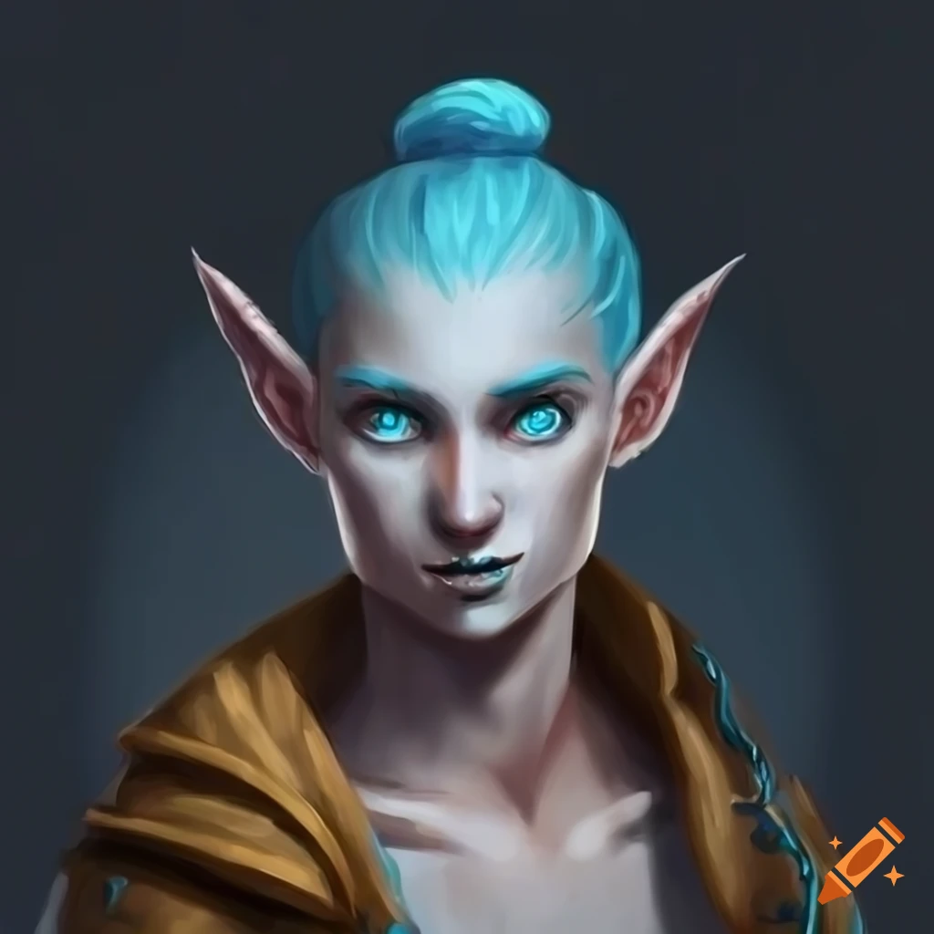 Portrait of an Elf Monk with blue skin, green eyes, and long blue hair in a ponytail
