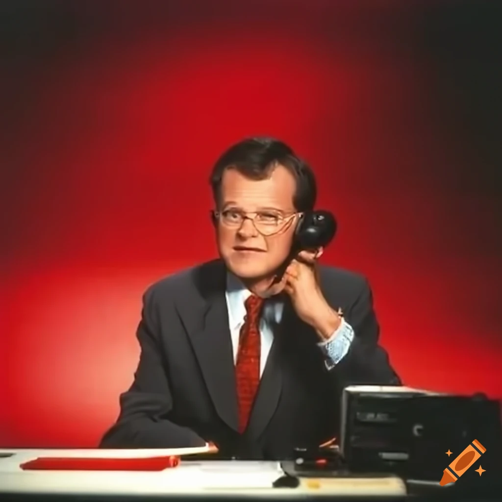 Vintage 1990s news reporter live broadcasting from a news desk with red theme