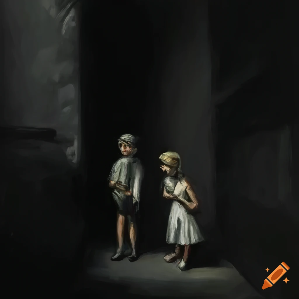 Street orphan walking in an impoverished ghetto street inspired by Edward Hopper