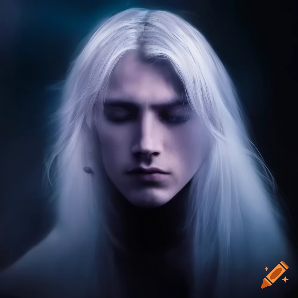 Portrait of a mystical young man with white hair and violet eyes