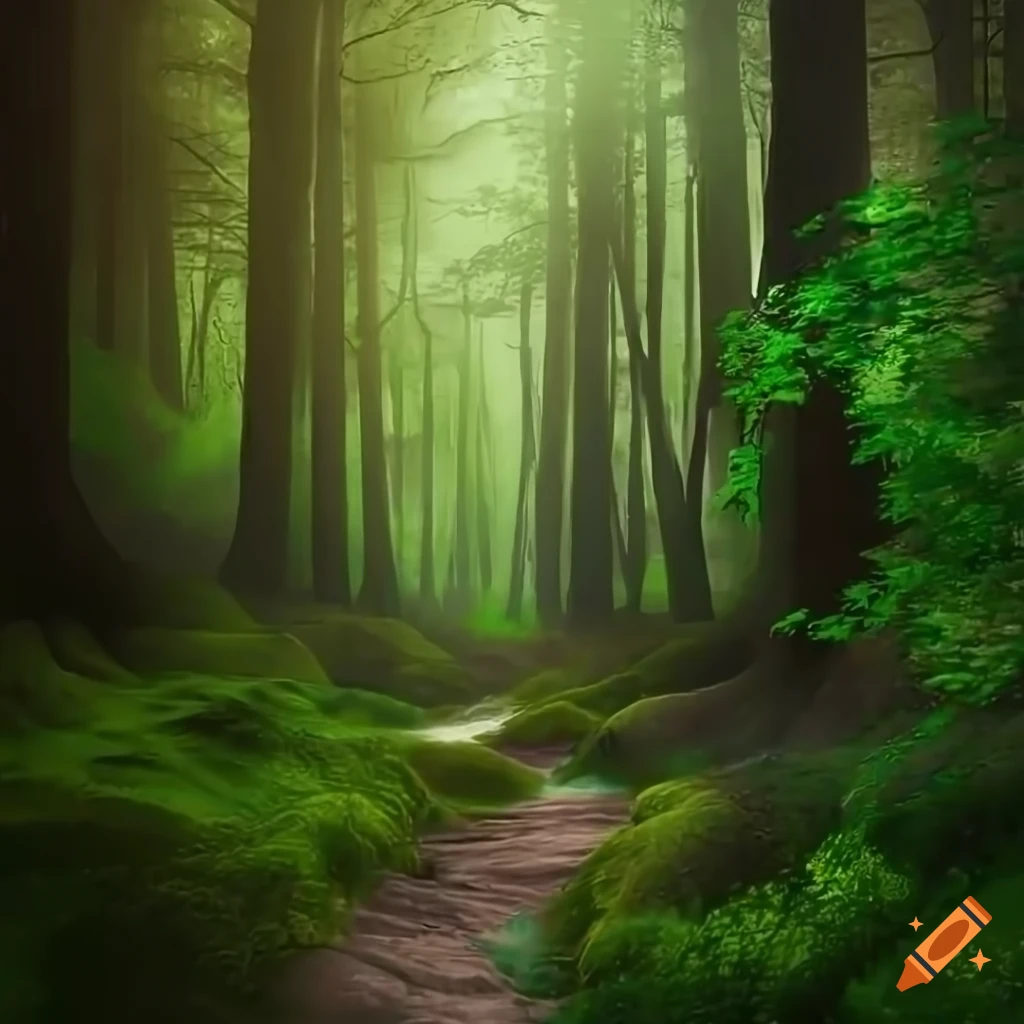 Rocky hiking trail in dark woods with colorful wildflowers and radiant light