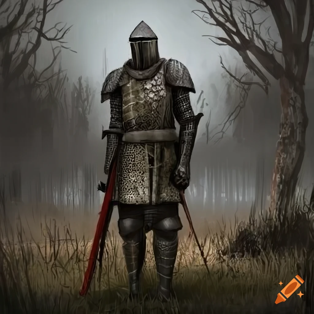 Weathered knight contemplating a distant battlefield