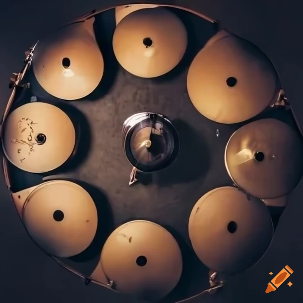 Bird's eye view of a massive drum set with multiple toms and cymbals arranged in a circle
