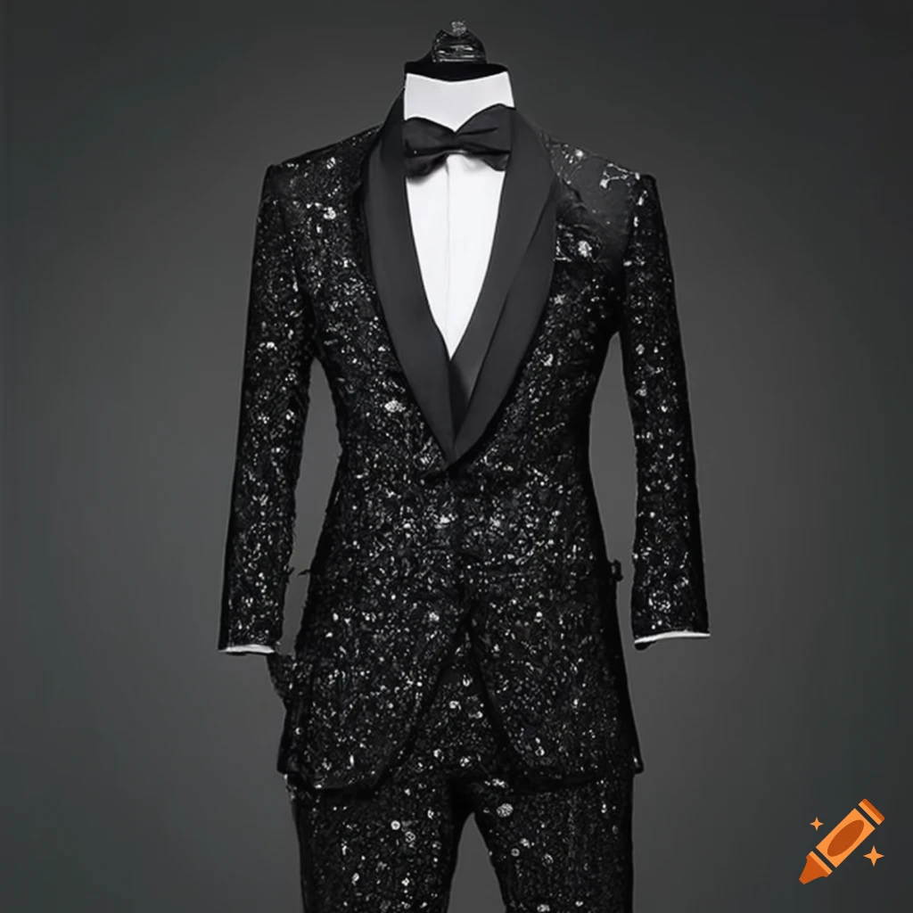 Traje de hombre negro con flores de cristal incrustadas