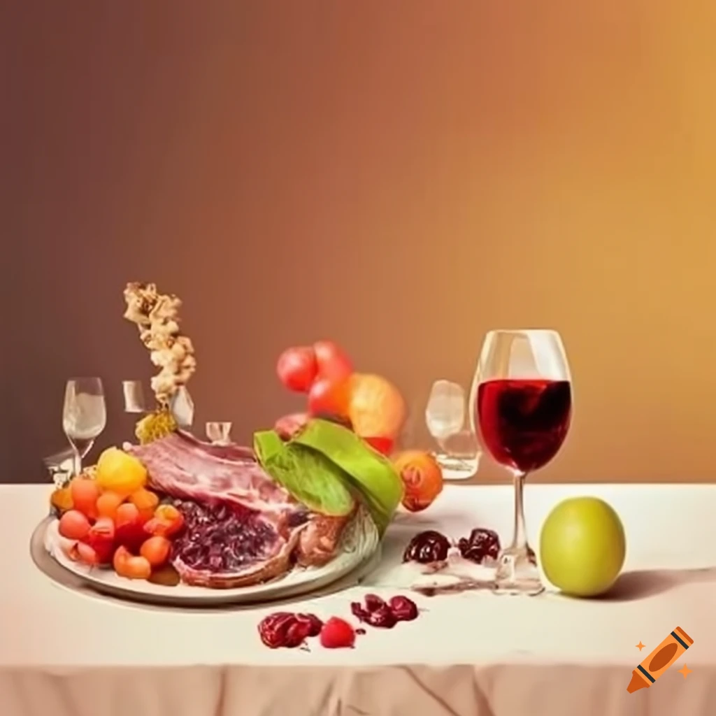 Banquet table oasis in a desert with food, wine, meat, and fruits
