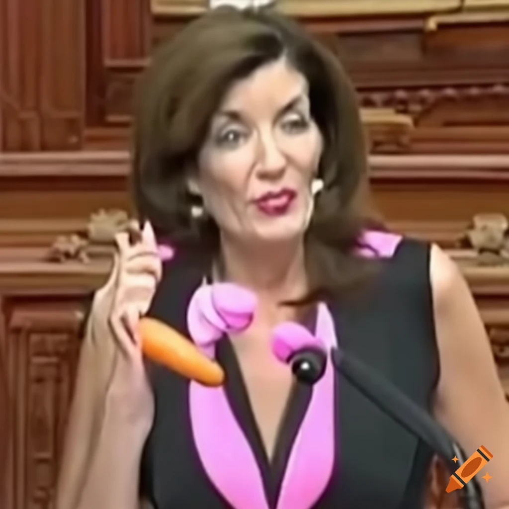 Governor Hochul in a bunny suit eating a carrot