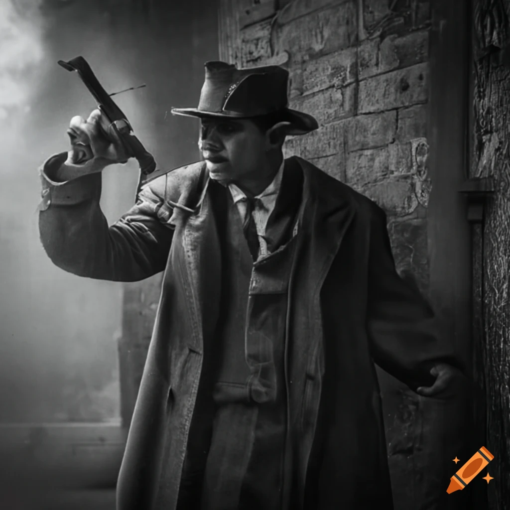 Noir detective with a tommy gun in a smoky alley