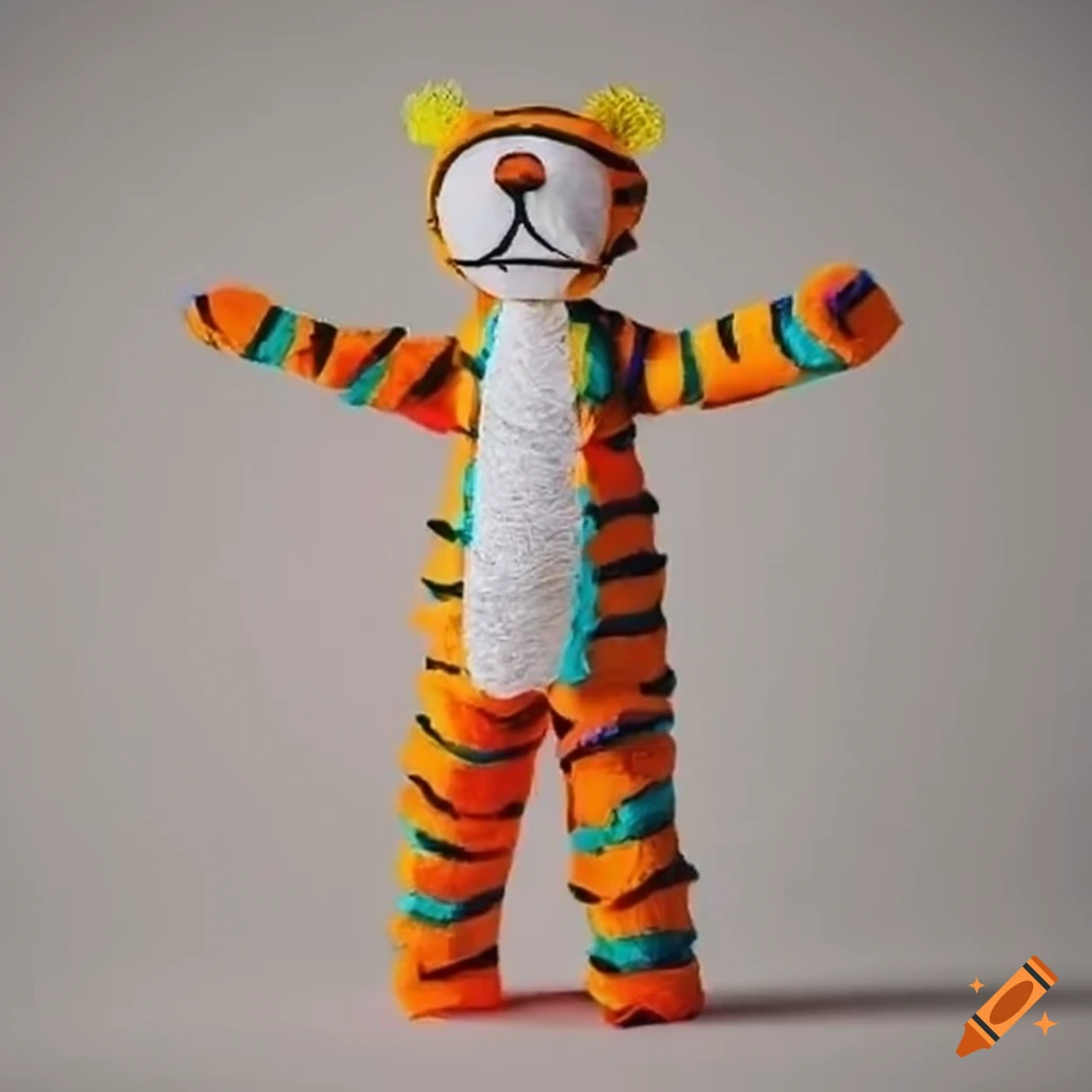 Colorful crepe paper Hobbes in a strange suit blocking a driveway
