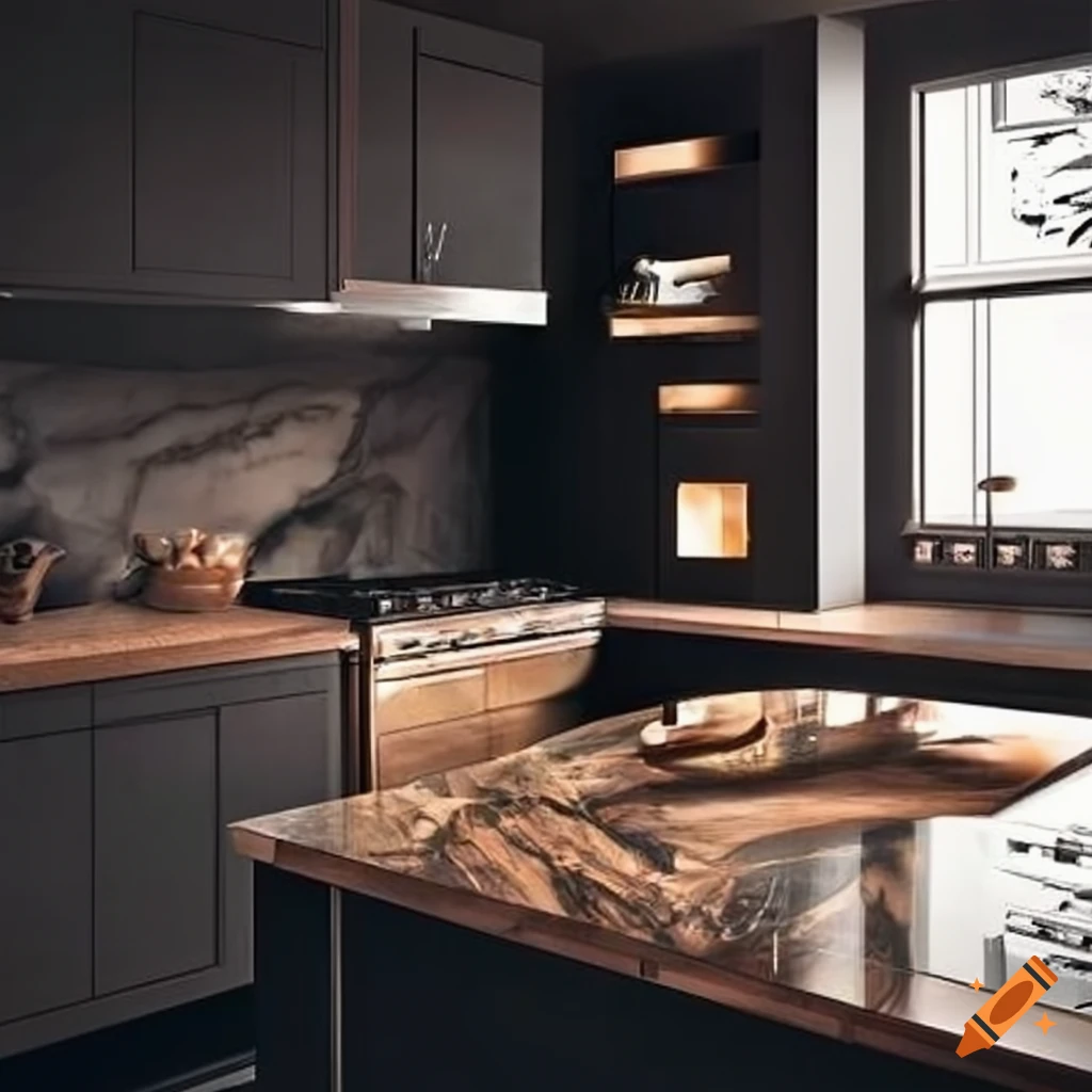 Modern kitchen design with dark brown marble counters and black wood cabinets in a u-shaped set up