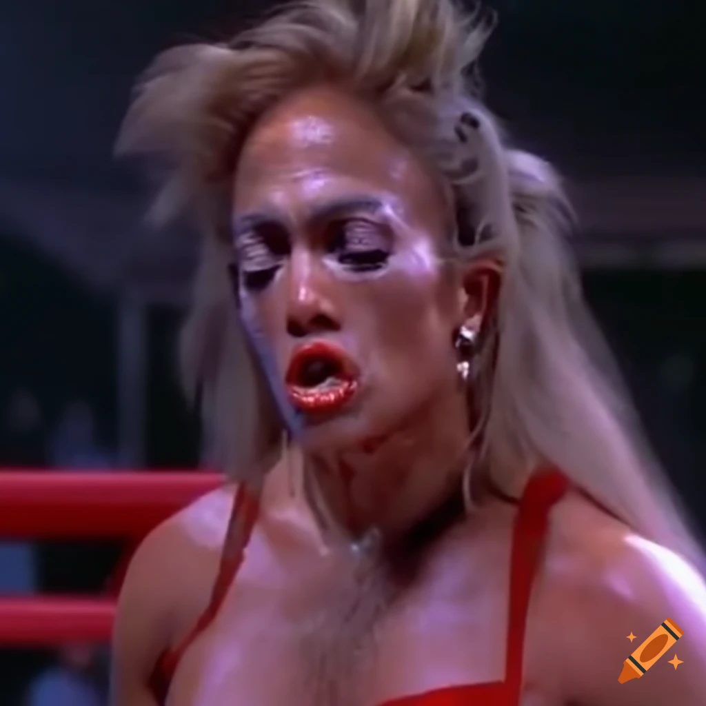 Expressive closeup of a dizzied and bruised female fighting champion in an 80's movie scene