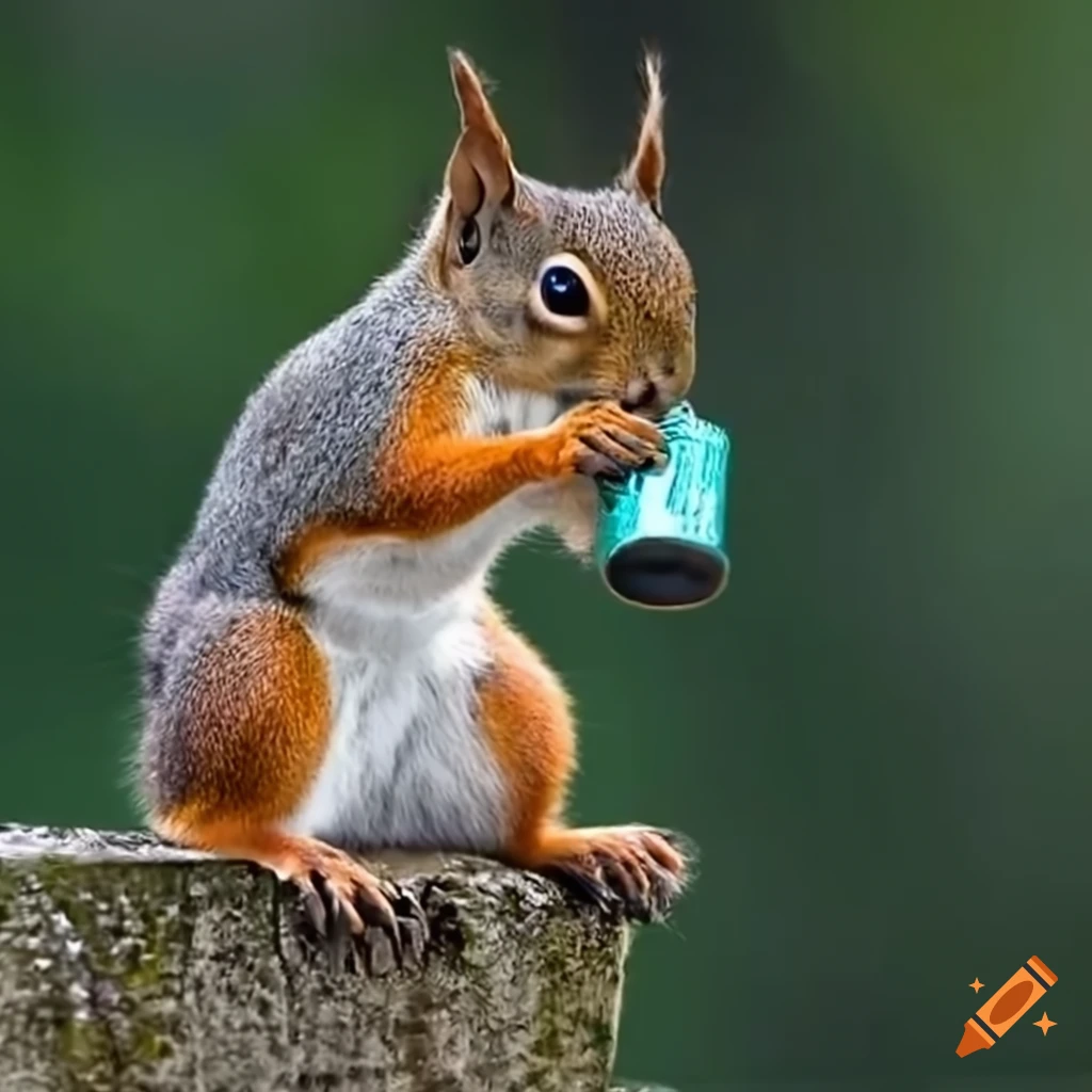 Squirrel drinking a soda can