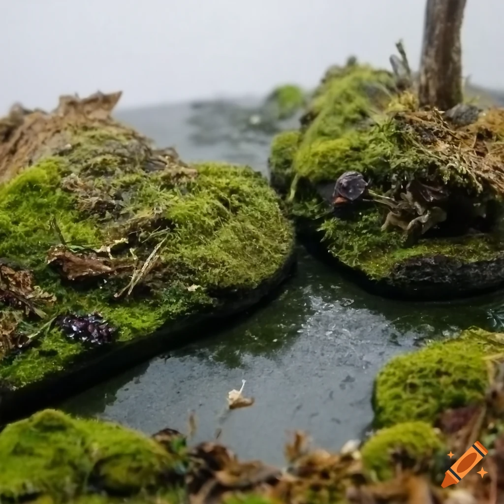 Dark and mossy lake with withered flowers in a foggy miniature scene