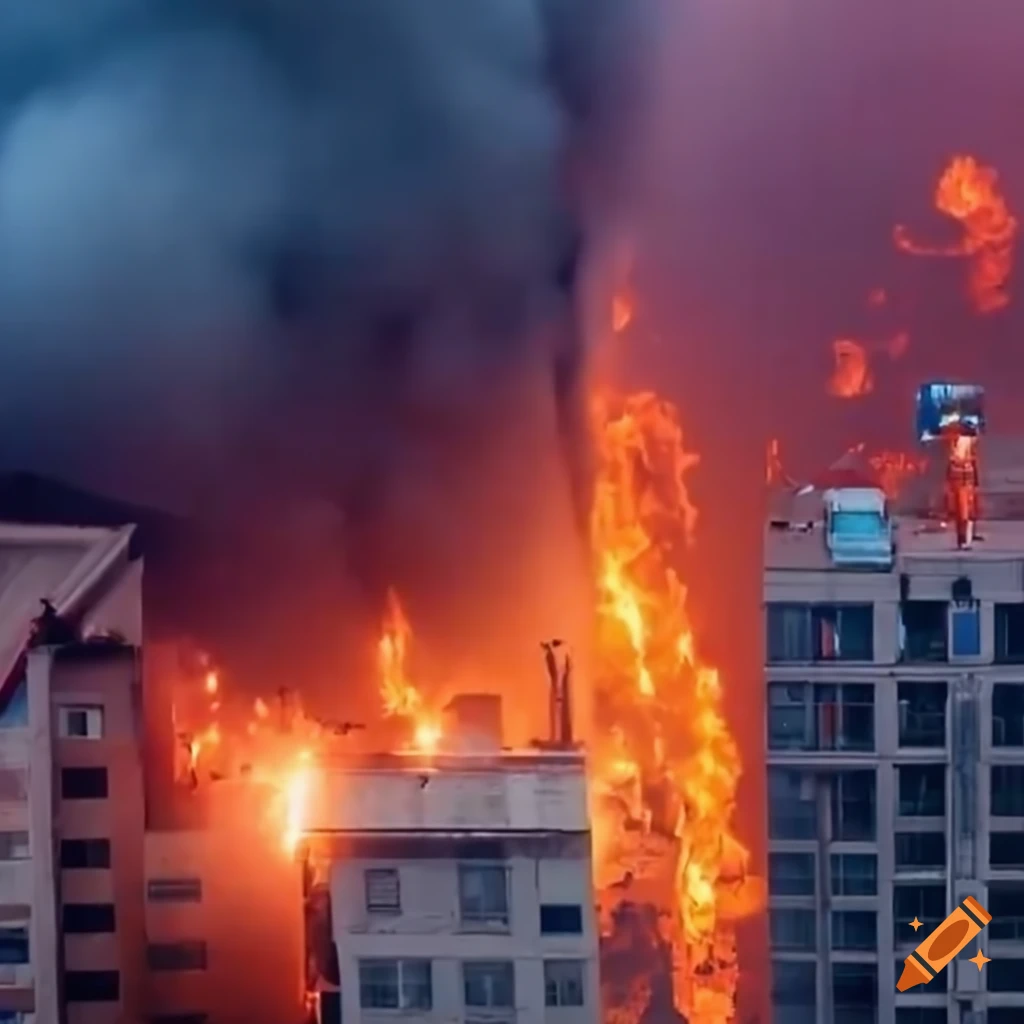 Brave firefighters battling city flames from above with tall buildings in the background