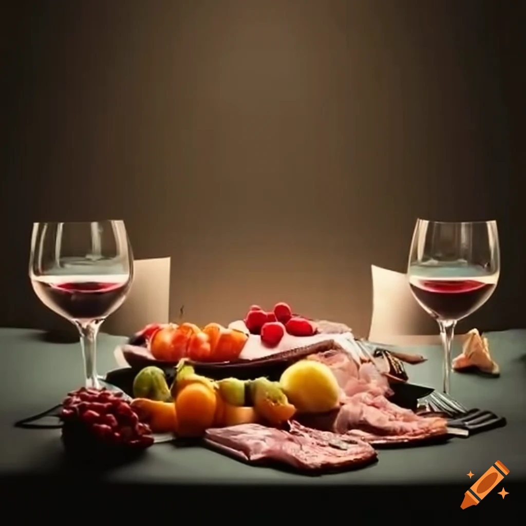 Banquet table oasis in a desert with food, wine, meat, and fruits