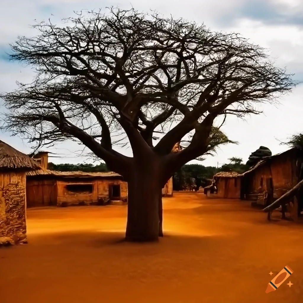 Traditional African village with a majestic baobab tree at the center