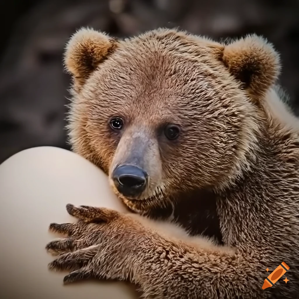 Small bear hugging a big egg on Craiyon